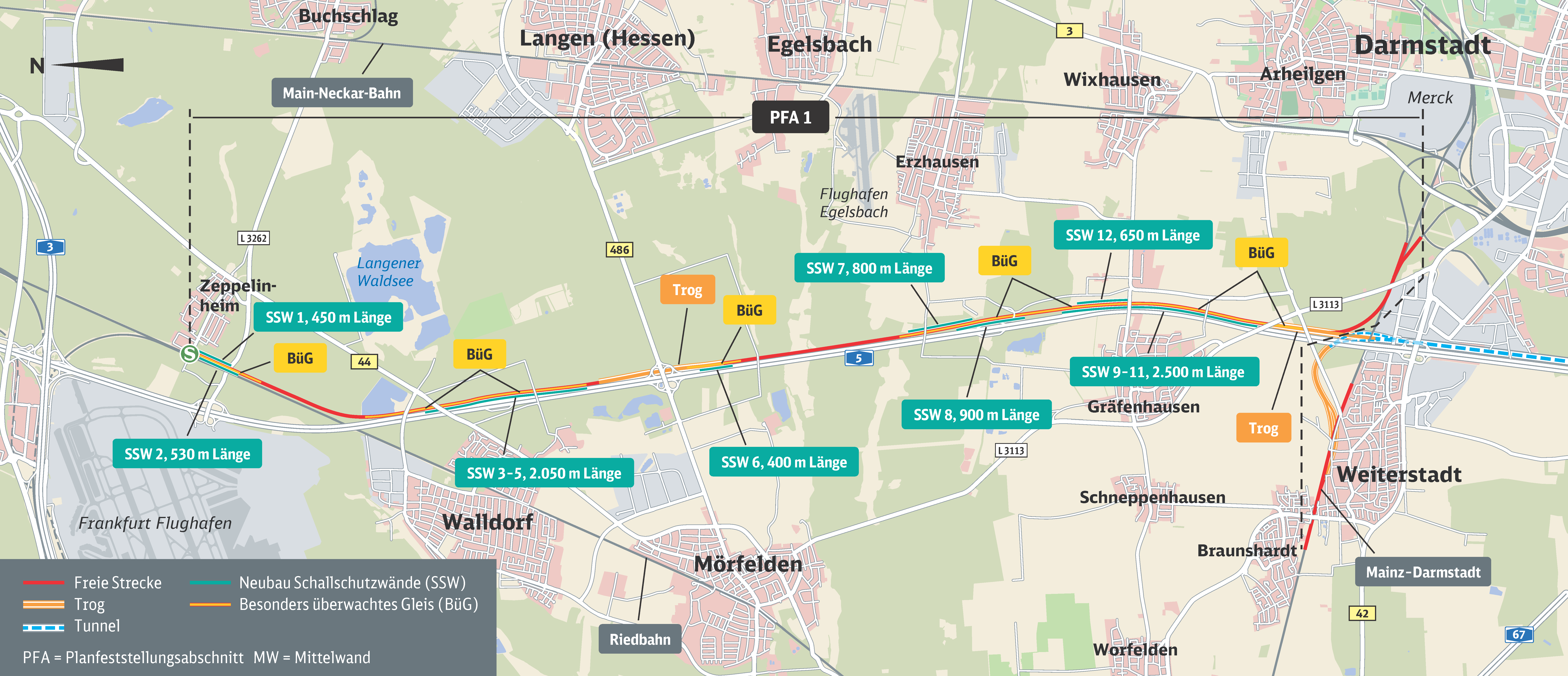 Übersichtskarte mit Schallschutzmaßnahmen im Abschnitt von Zeppelinheim bis Darmstadt Nord