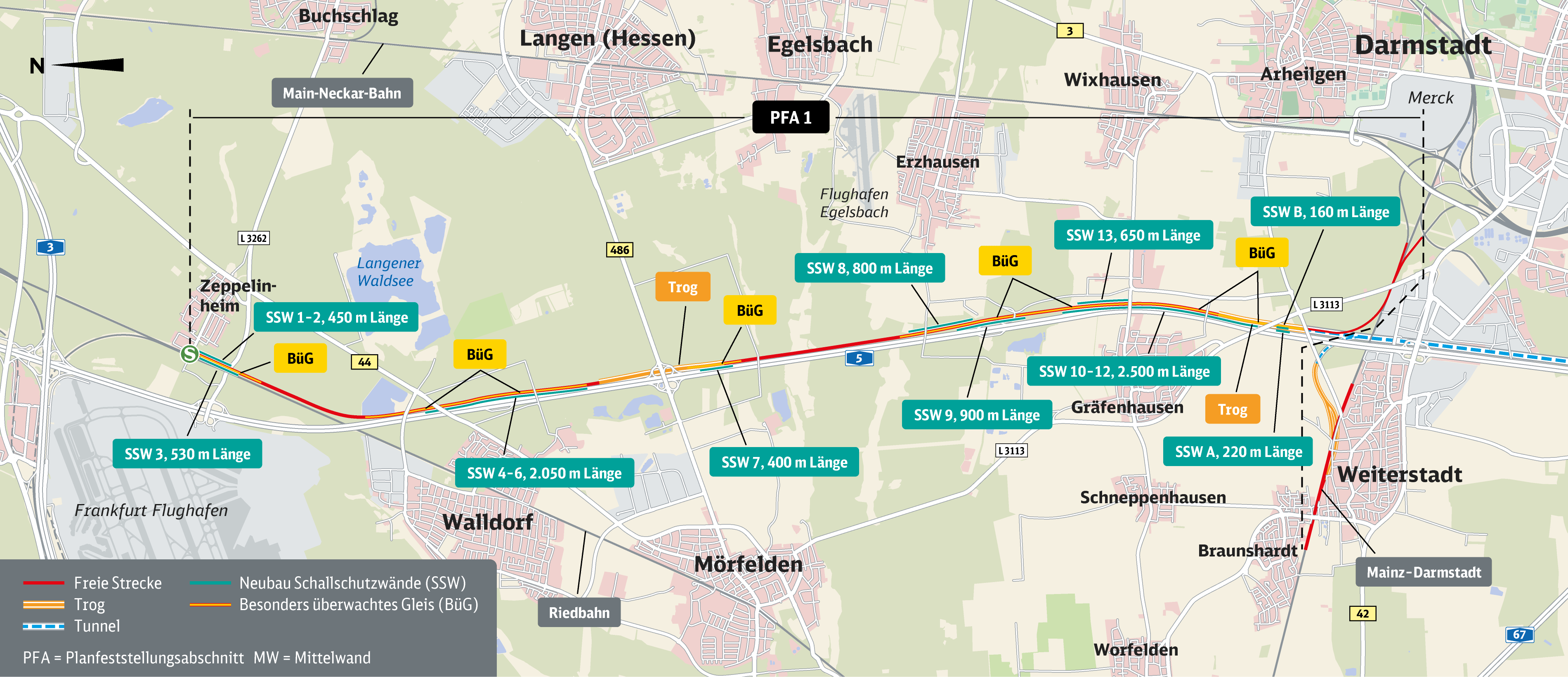 Übersichtskarte mit Schallschutzmaßnahmen im Abschnitt von Zeppelinheim bis Darmstadt Nord