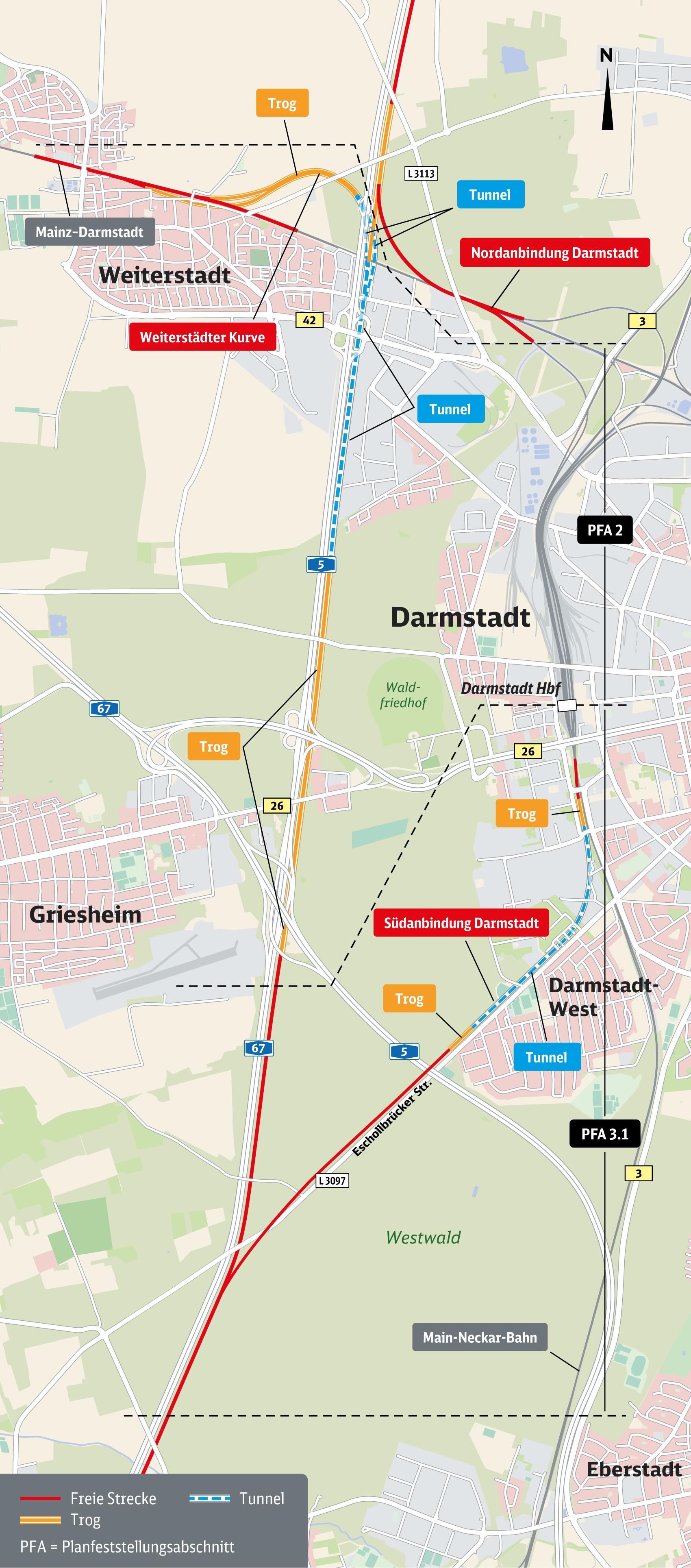 Übersichtskarte des Planfeststellungsabschnitts 2 von Weiterstadt bis Pfungstadt mit gekennzeichneten Maßnahmen entlang der Neubaustrecke im Hochformat.