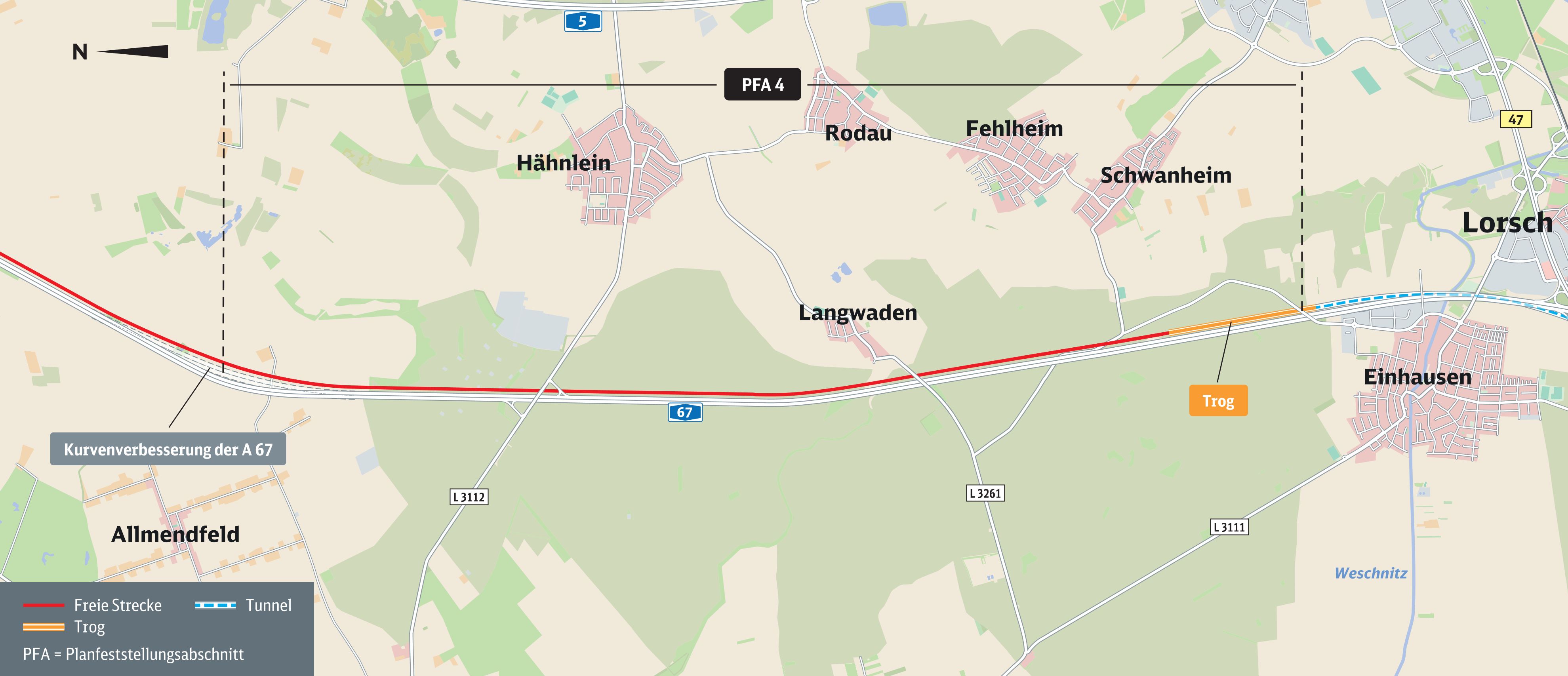 Übersichtskarte des Planfeststellungsabschnitts 4 von Gernsheim bis Einhausen mit eingezeichnetem Trog kurz vor Einhausen.