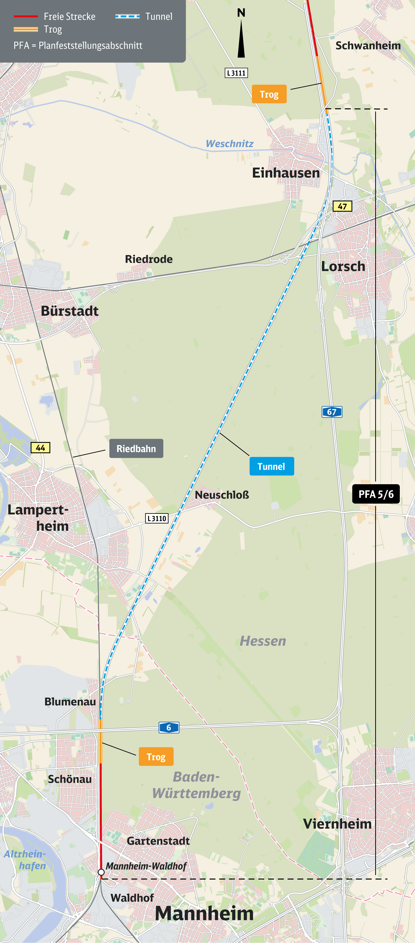 Übersichtskarte der Planfeststellungsabschnitte PFA 5/6 von Lorsch bis Mannheim-Waldhof mit Tunnel quer durch den Lorscher/Lampertheimer Wald im Hochformat.