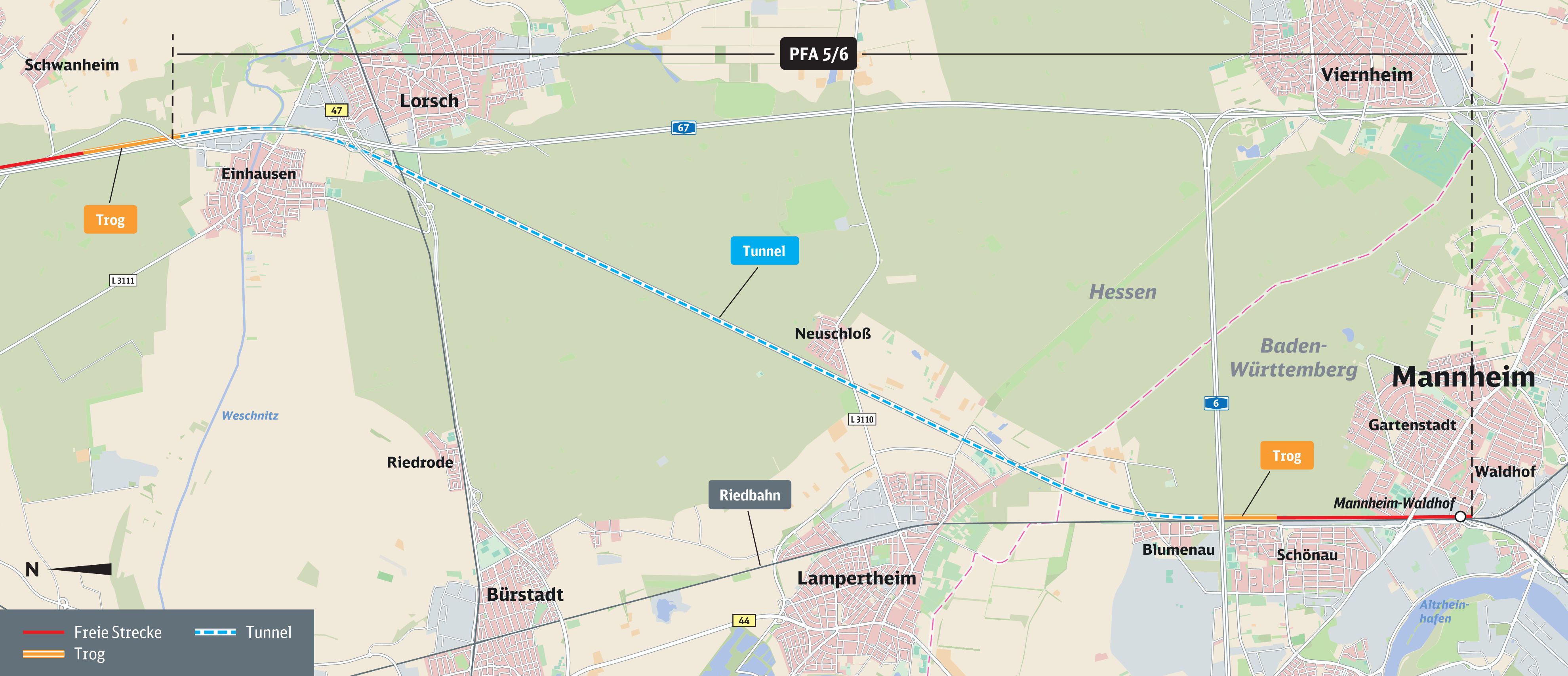 Übersichtskarte der Planfeststellungsabschnitte PFA 5/6 von Lorsch bis Mannheim-Waldhof mit Tunnel quer durch den Lorscher/Lampertheimer Wald.